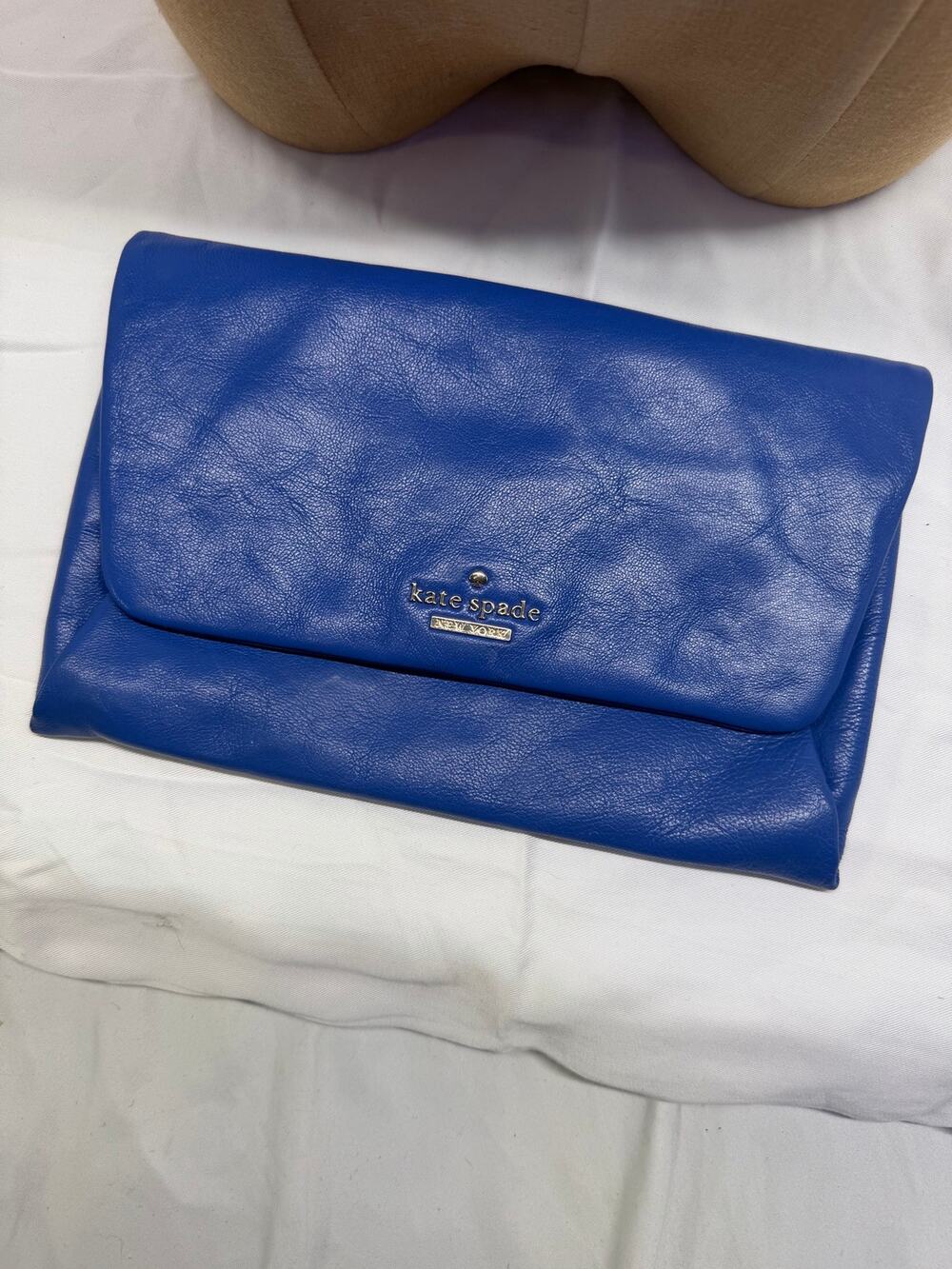 Kate Spade New York Blue Leather Clutch – Snap Closure – Striped Interior – New